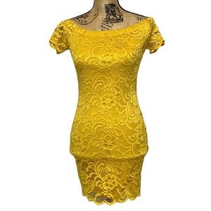 Yellow Lace Bodycon Mini Cocktail Dress S